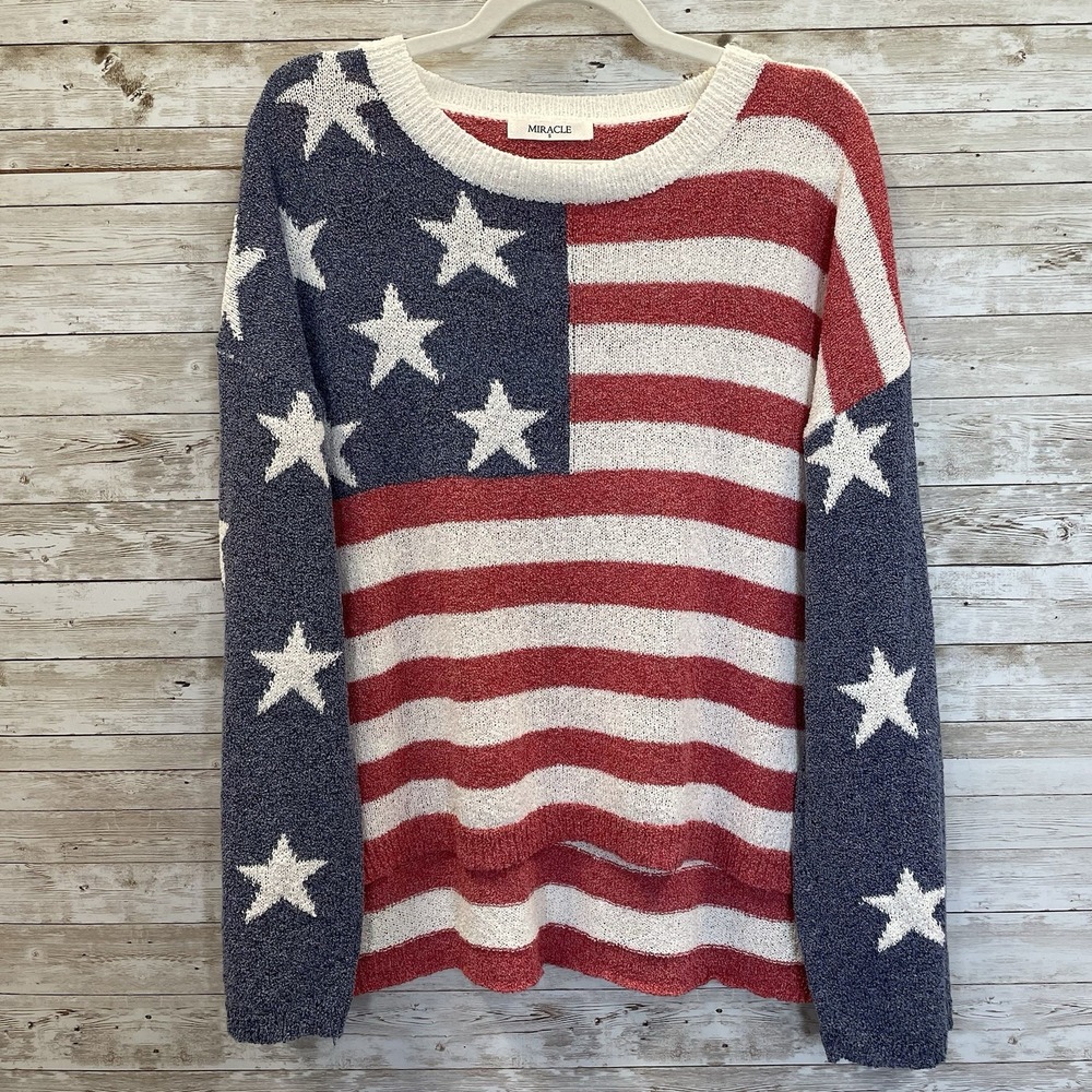 Miracle Womens S Sweater American Flag Wide Collar Long Sleeve Oversized - Picture 2 of 9